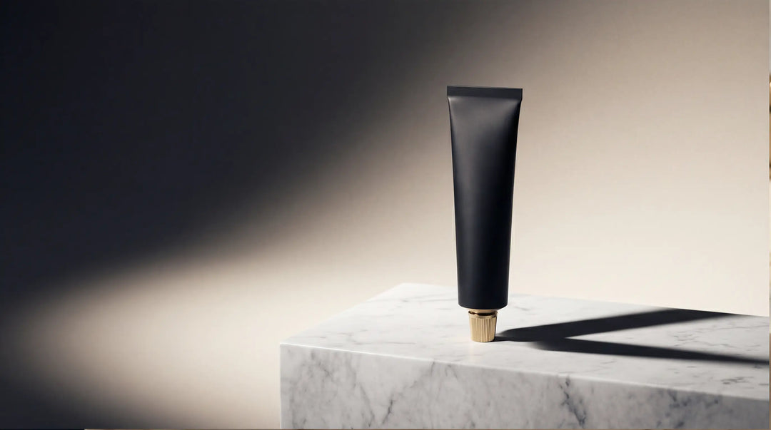 Editorial still life of an unbranded luxury toothpaste tube on a polished marble plinth — Best Luxury Toothpaste in Australia 2026.