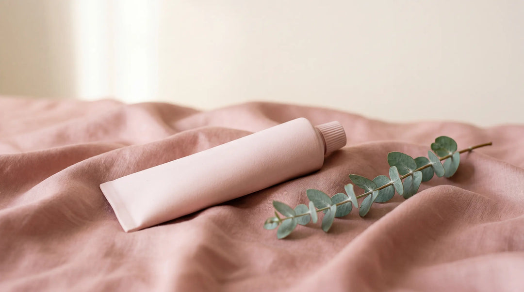 Soft pink-toned toothpaste tube resting on dusty pink silk with a eucalyptus sprig — Best Toothpaste for Sensitive Teeth in Australia 2026.