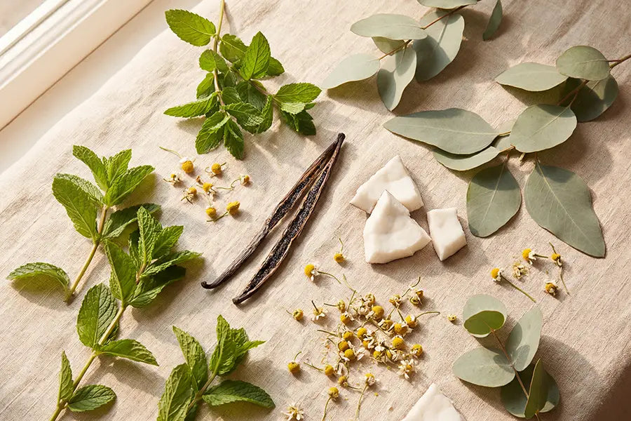 Fresh botanical ingredients used in natural fluoride-free toothpaste — peppermint, eucalyptus, coconut, and chamomile