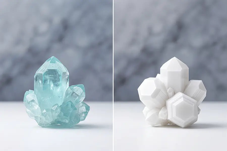 Split composition of aqua fluoride crystal and white hydroxyapatite crystal representing balanced toothpaste choice