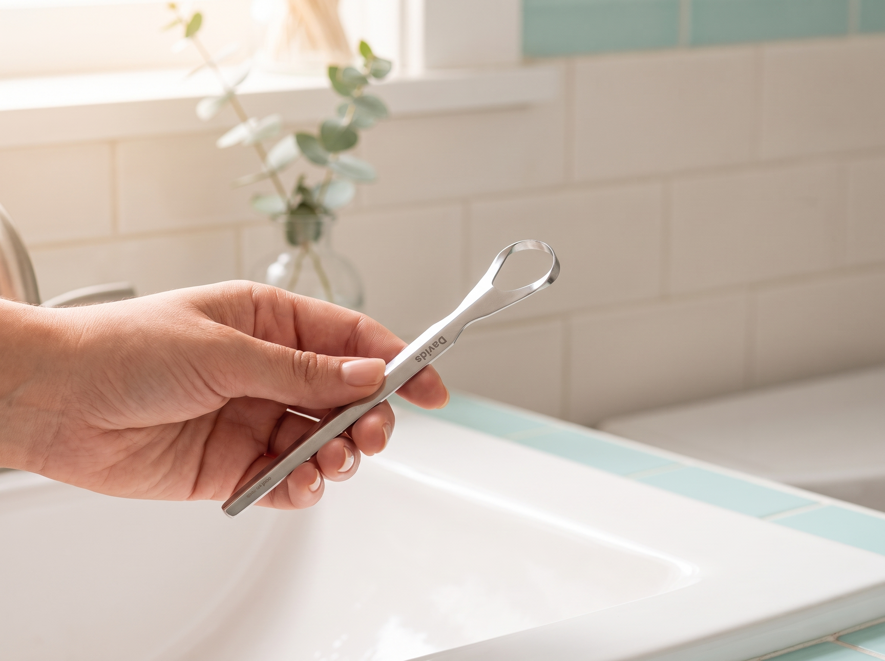 Hand holding the Davids stainless steel tongue scraper over a basin in a bright bathroom