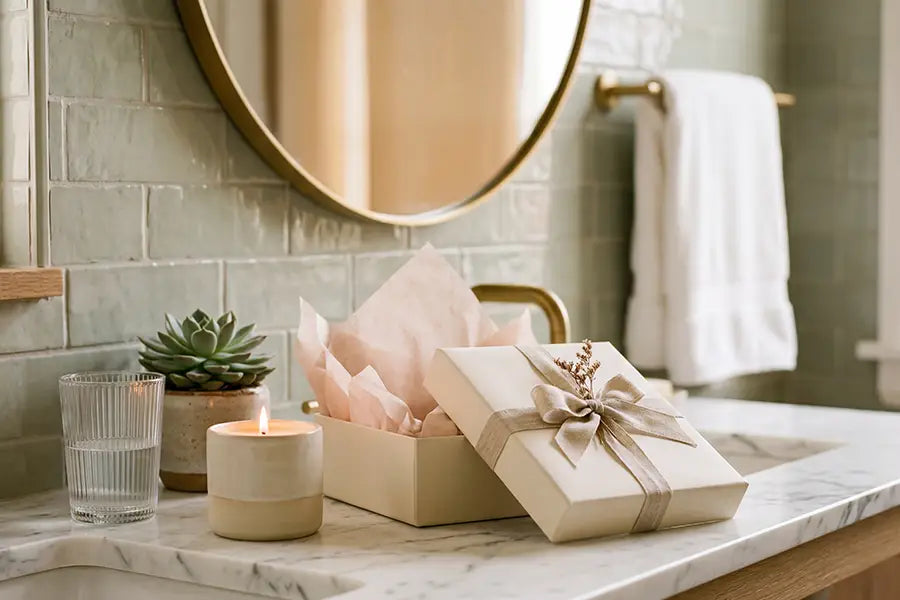 Elegant gift box on a premium marble bathroom vanity with candle and greenery — luxury oral care gifting in a sophisticated setting