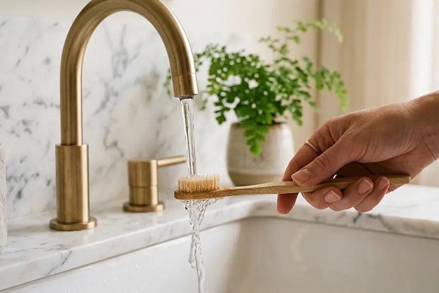 Hand holding clean toothbrush under running water from brass tap — the moment of choosing what goes on your brush
