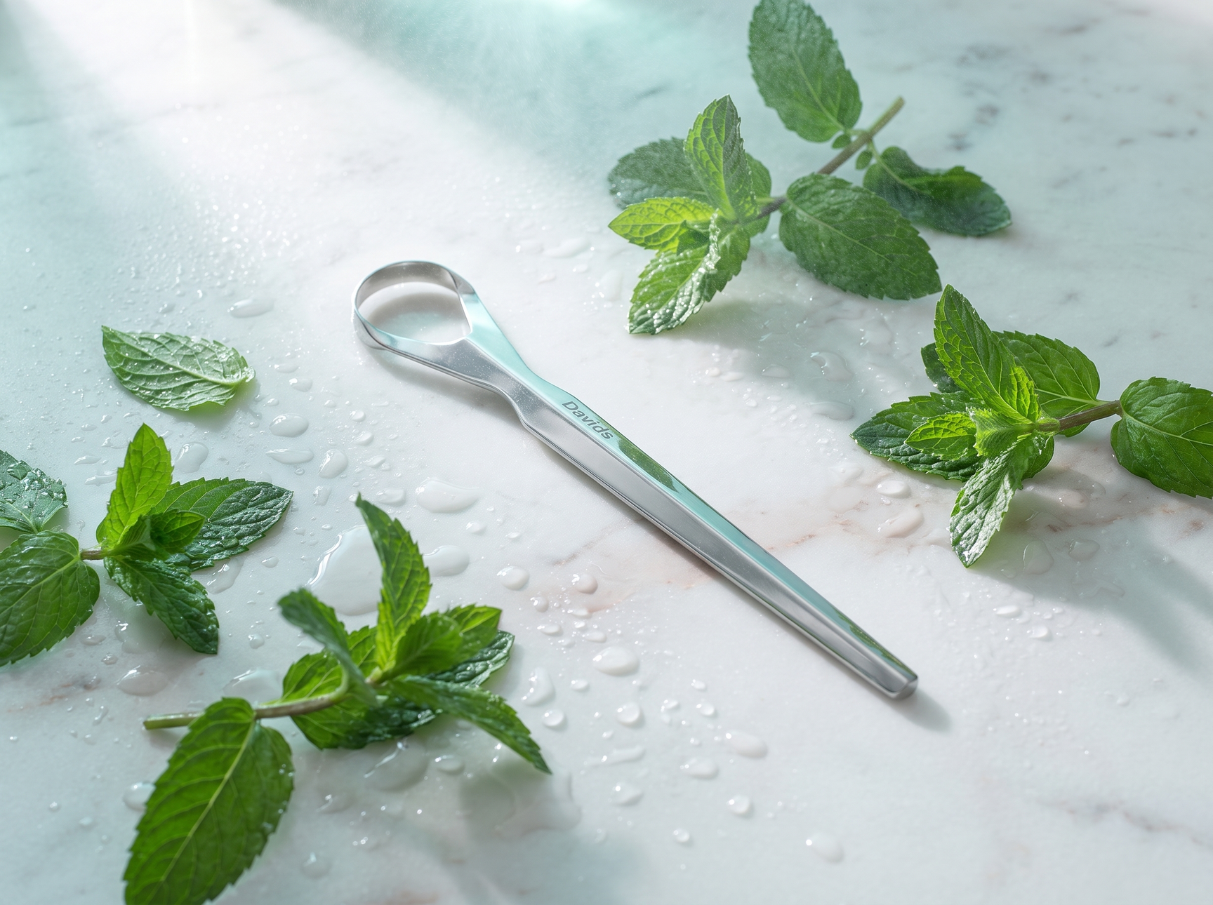 Davids stainless steel tongue scraper with fresh mint and water droplets