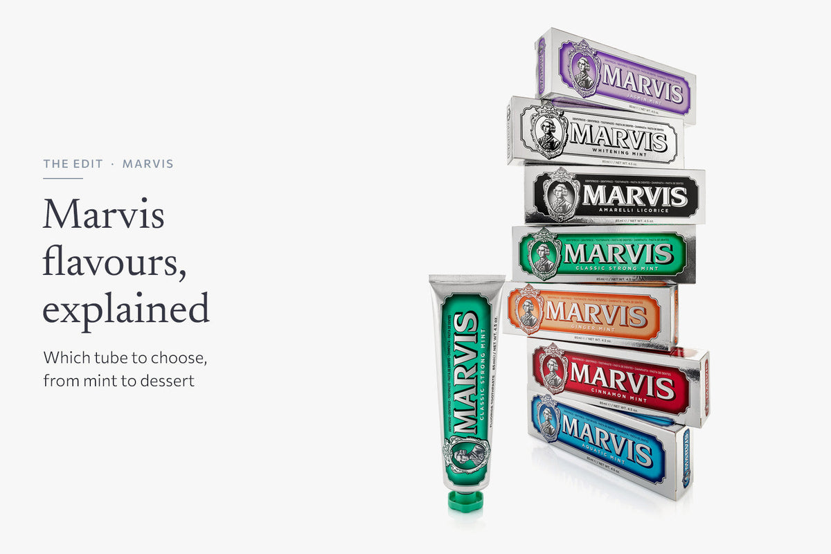 A stack of Marvis toothpaste cartons in Jasmin, Whitening, Licorice, Classic Strong, Ginger, Cinnamon and Aquatic Mint beside a Classic Strong Mint tube, with the headline Marvis flavours, explained