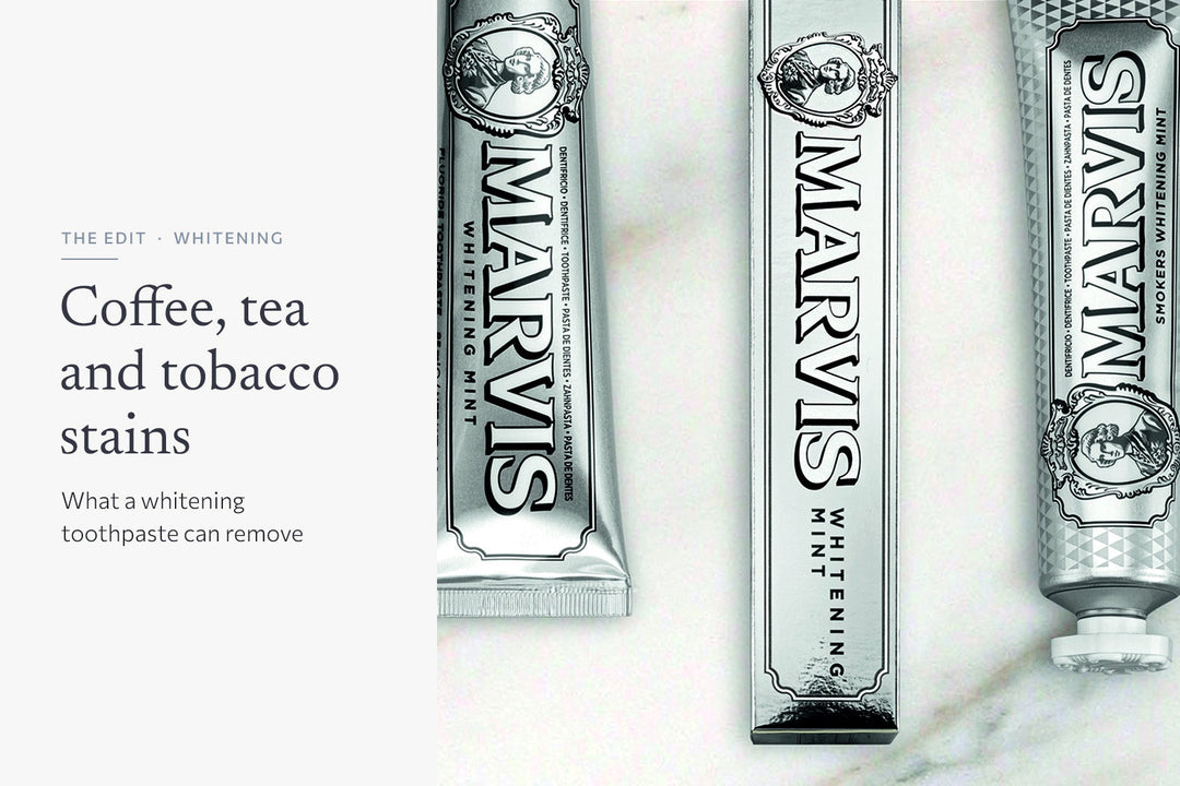 Marvis Whitening Mint and Smokers Whitening Mint toothpaste tubes on white marble, beside the headline Coffee, tea and tobacco stains