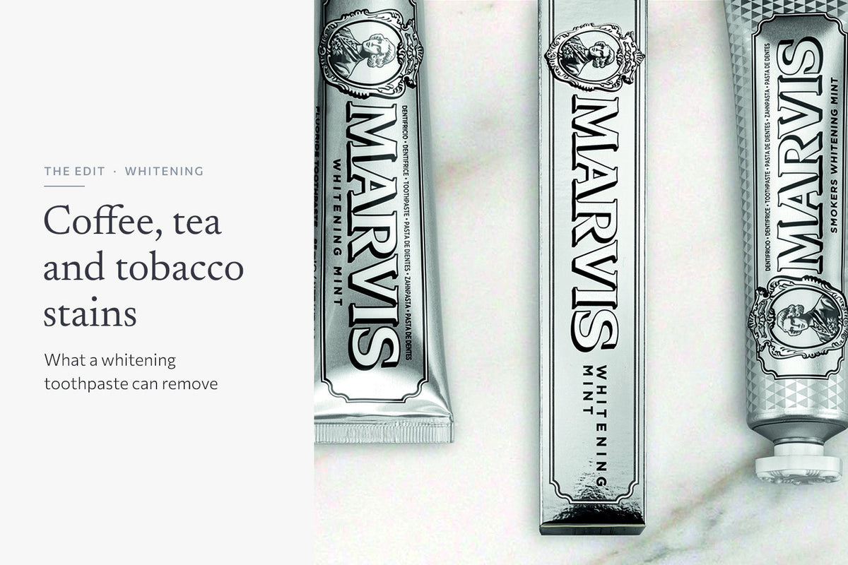 Marvis Whitening Mint and Smokers Whitening Mint toothpaste tubes on white marble, beside the headline Coffee, tea and tobacco stains