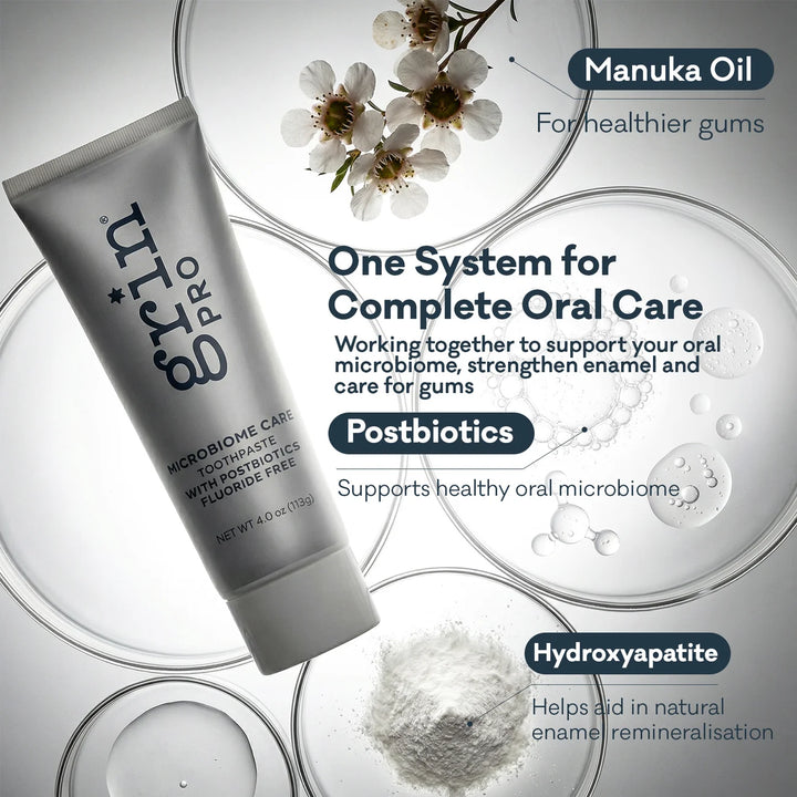 Grin Pro toothpaste tube with petri dishes of manuka flowers, postbiotics and hydroxyapatite powder — brand ingredient graphic