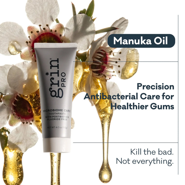 Grin Pro toothpaste tube among manuka flowers and golden manuka oil — New Zealand manuka leaf oil ingredient graphic
