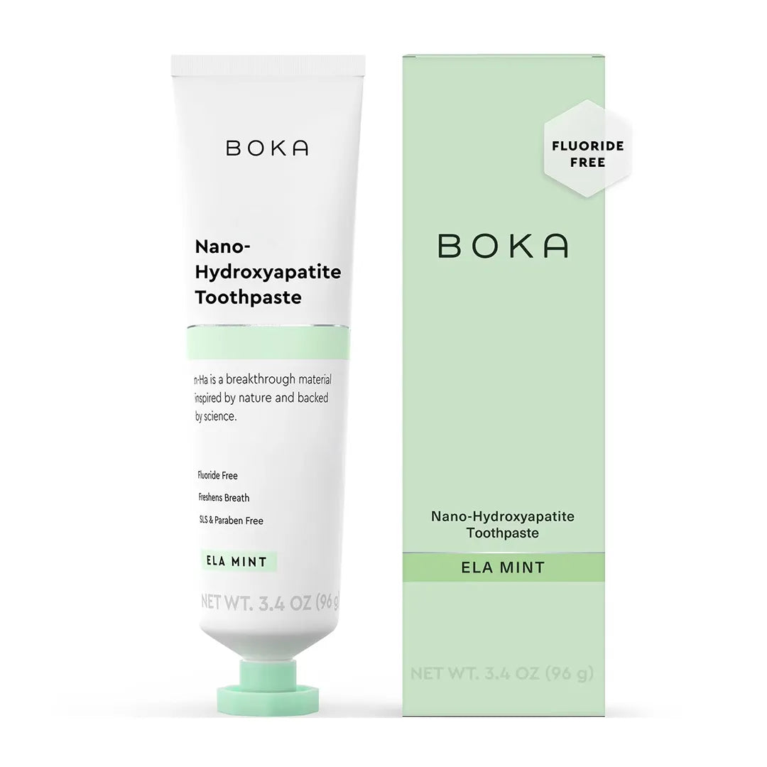 Boka Nano-Hydroxyapatite Toothpaste Ela Mint 96g tube with green fluoride-free box