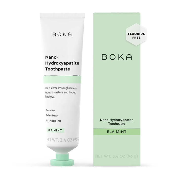Boka Nano-Hydroxyapatite Toothpaste Ela Mint 96g tube with green fluoride-free box