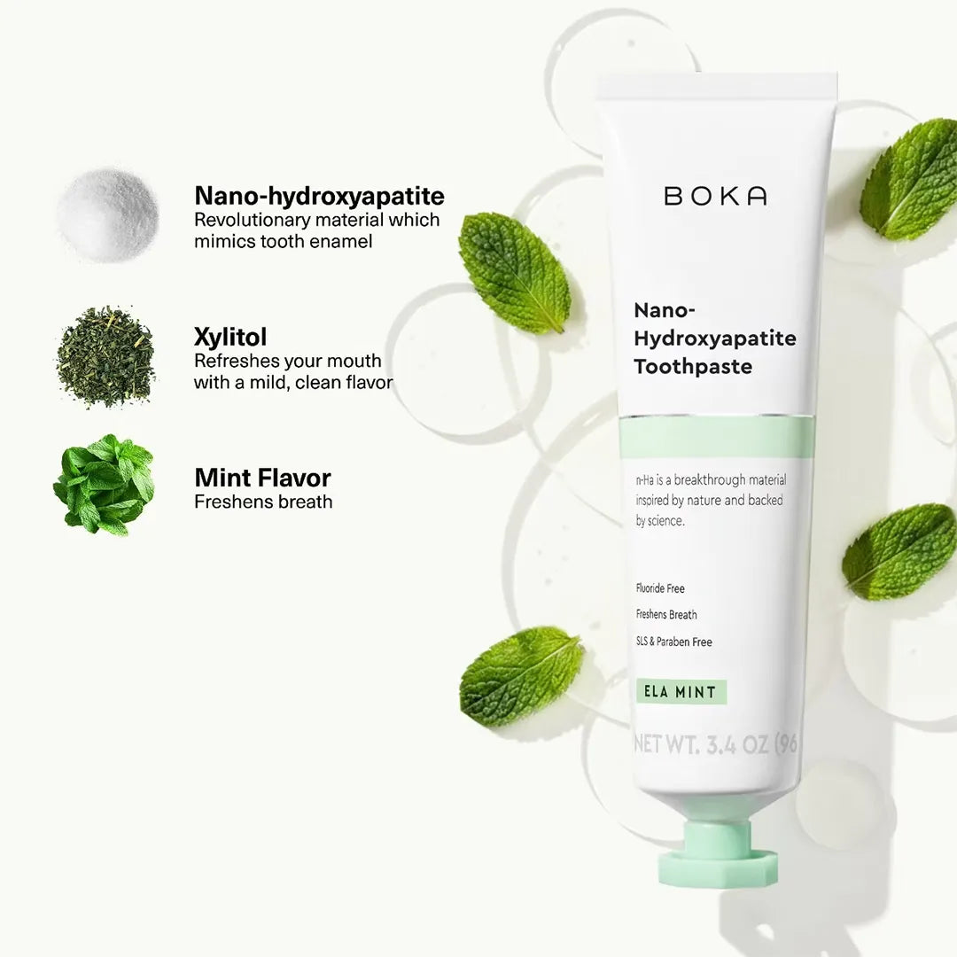 Boka Ela Mint toothpaste key ingredients: nano-hydroxyapatite, xylitol and mint flavour, with fresh mint leaves