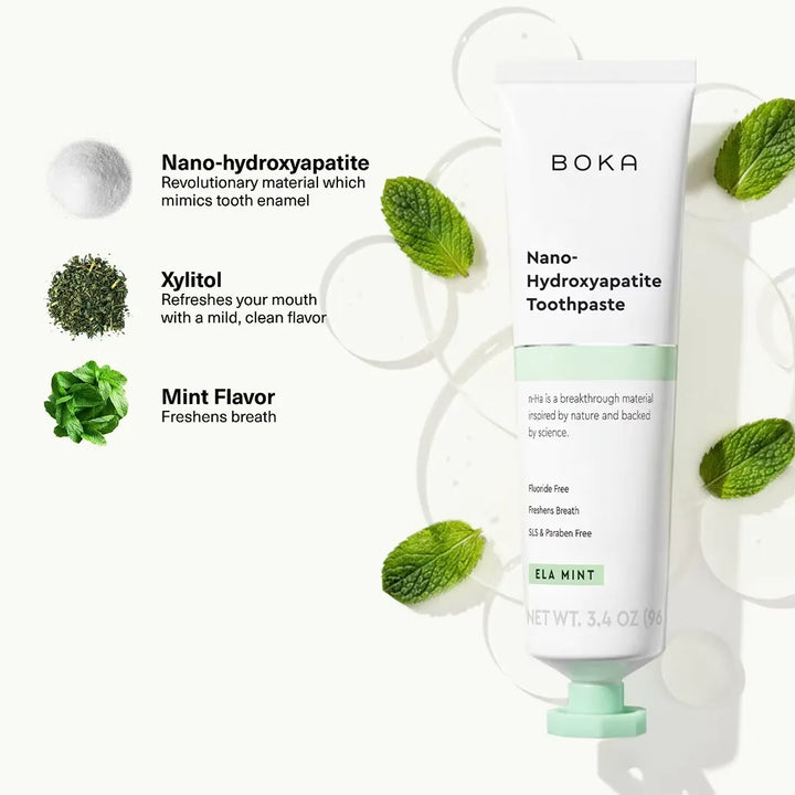 Boka Ela Mint toothpaste key ingredients: nano-hydroxyapatite, xylitol and mint flavour, with fresh mint leaves