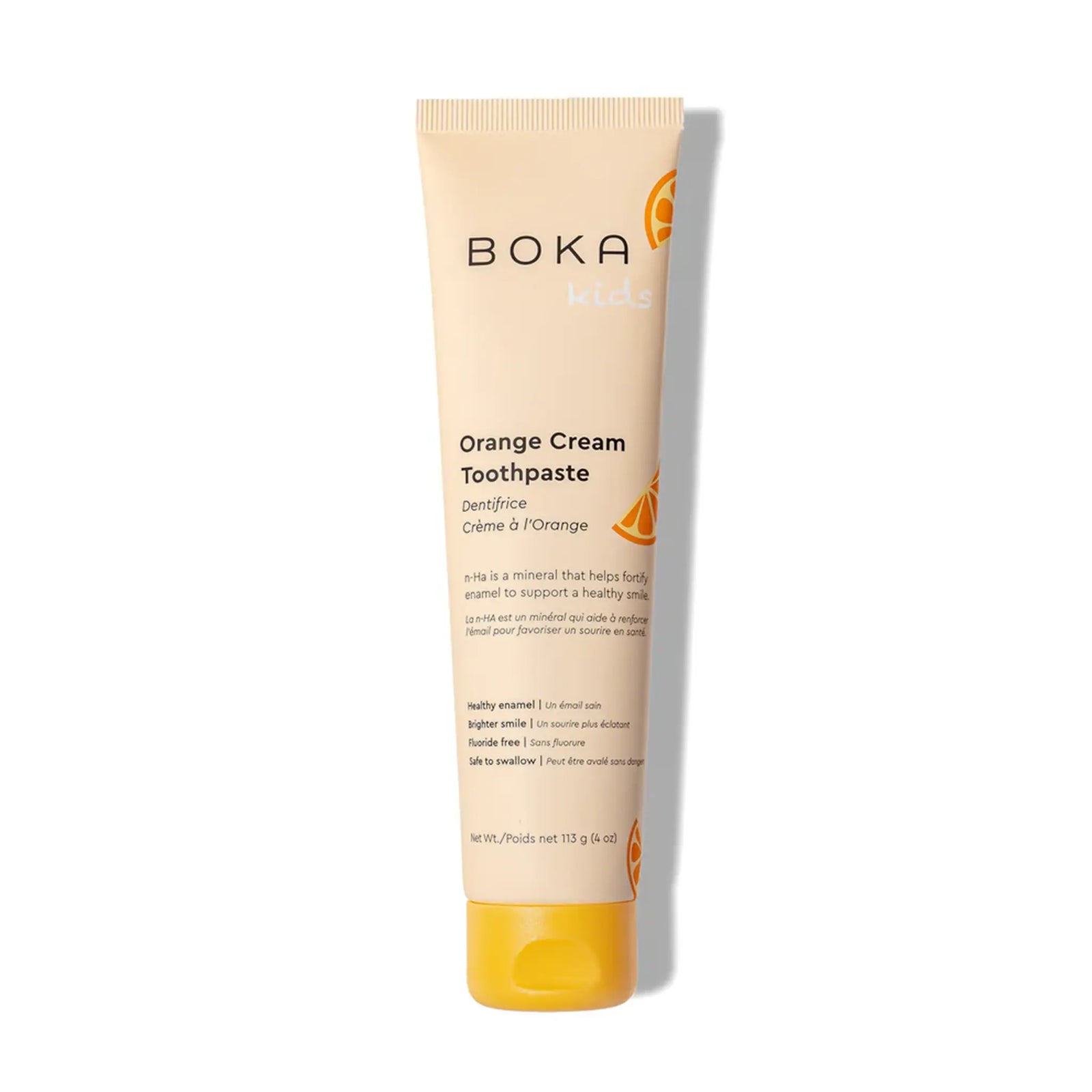 Boka Kids Orange Cream nano-hydroxyapatite toothpaste 113g tube on a plain white background