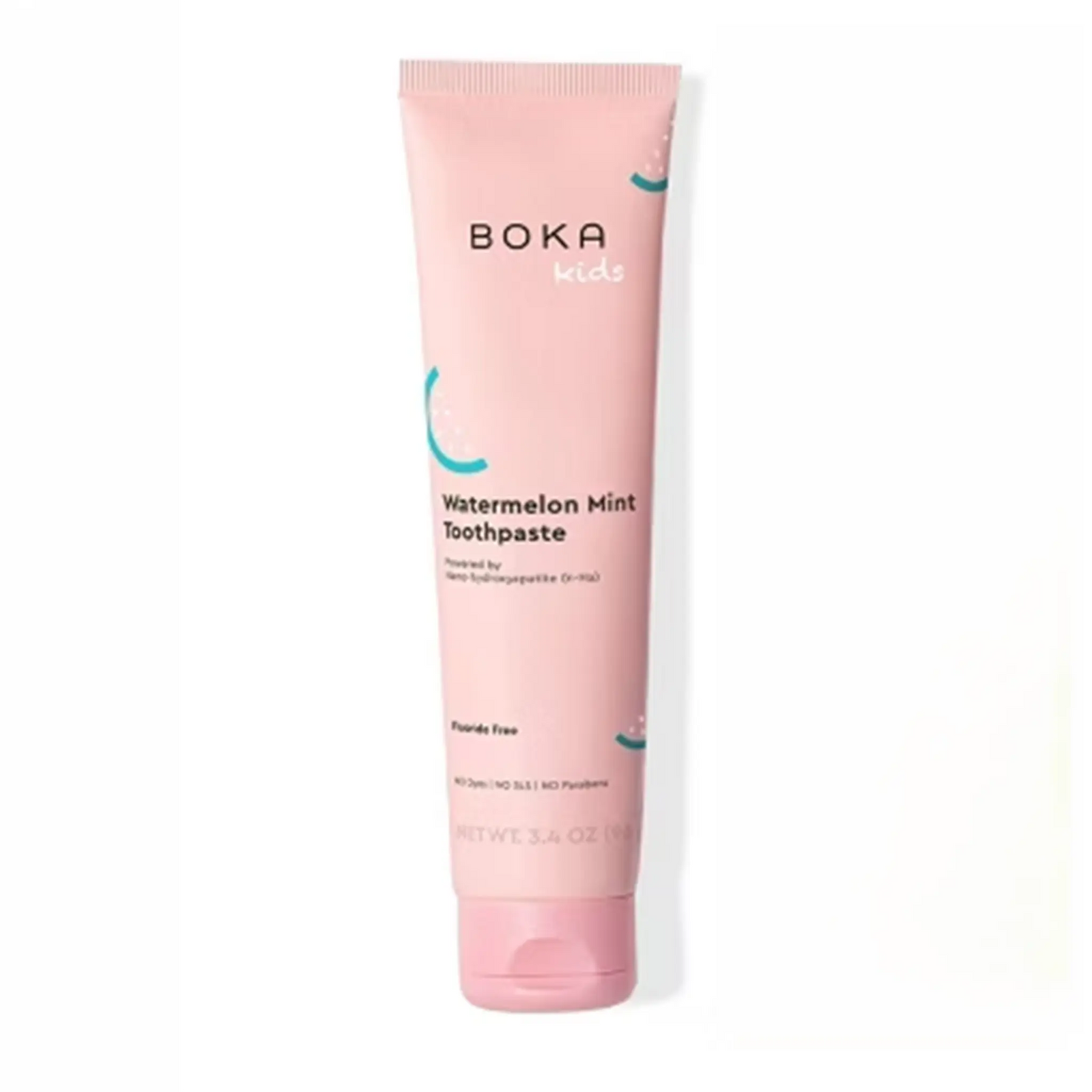 Pink tube of Boka Watermelon Mint Toothpaste on a white background