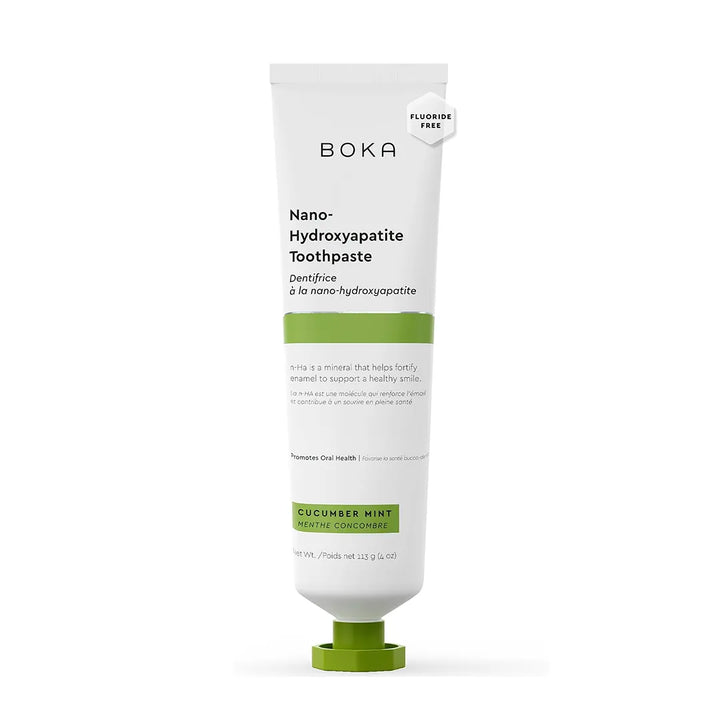 Boka Cucumber Mint nano-hydroxyapatite toothpaste 113g tube with a green cap and fluoride free badge on a white background