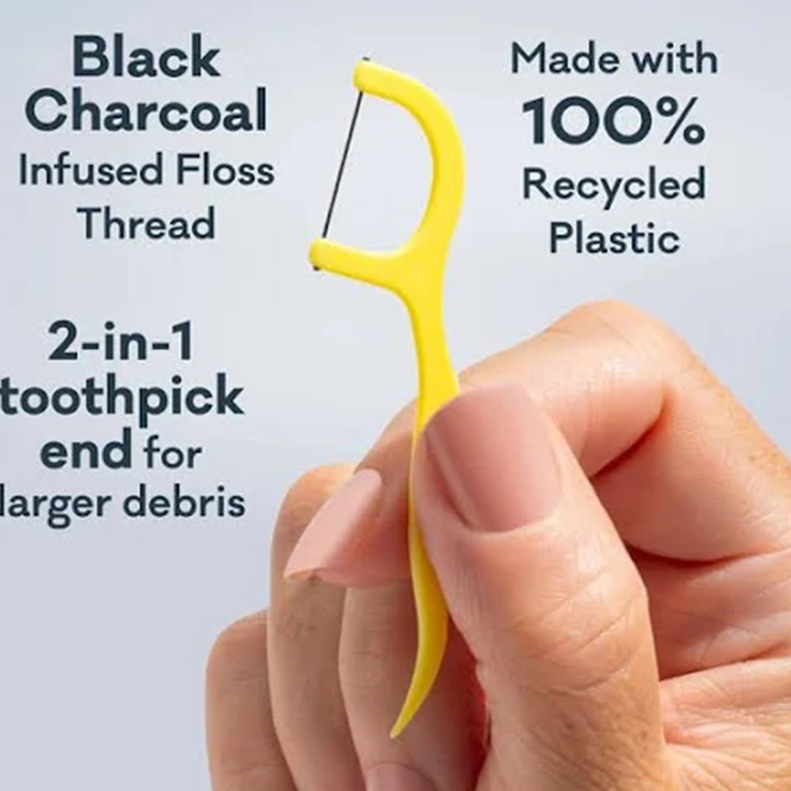 Yellow dental floss threader held by a hand with text about black charcoal infused floss thread and recycled plastic.