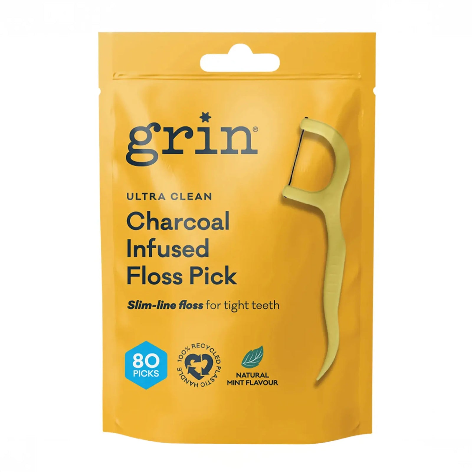 Yellow package of grin charcoal-infused floss pick with product image and text on a white background