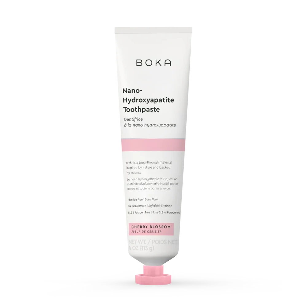 Boka Cherry Blossom nano-hydroxyapatite toothpaste 113g tube with a pink cap on a plain white background