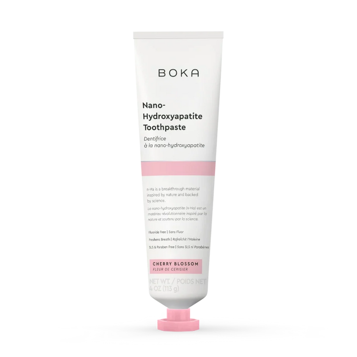 Boka Cherry Blossom nano-hydroxyapatite toothpaste 113g tube with a pink cap on a plain white background