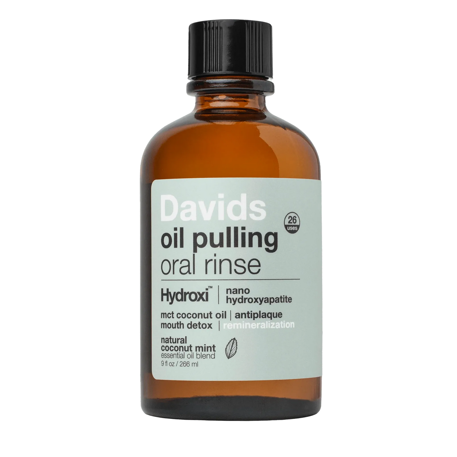 Davids oil pulling oral rinse with MCT coconut oil and nano-hydroxyapatite, natural coconut mint — amber bottle, 266 ml