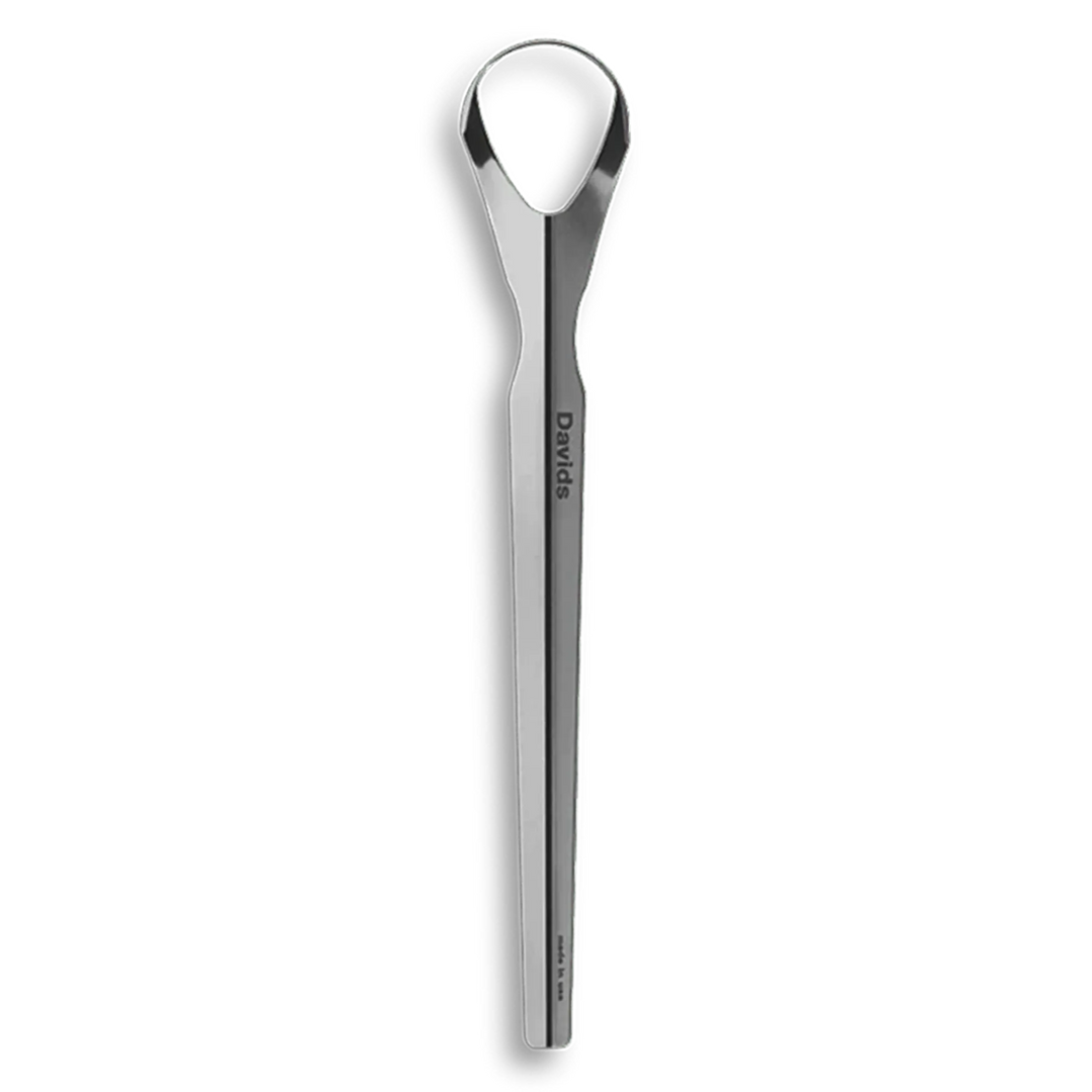 Davids professional medical-grade stainless steel tongue scraper, top-down product view