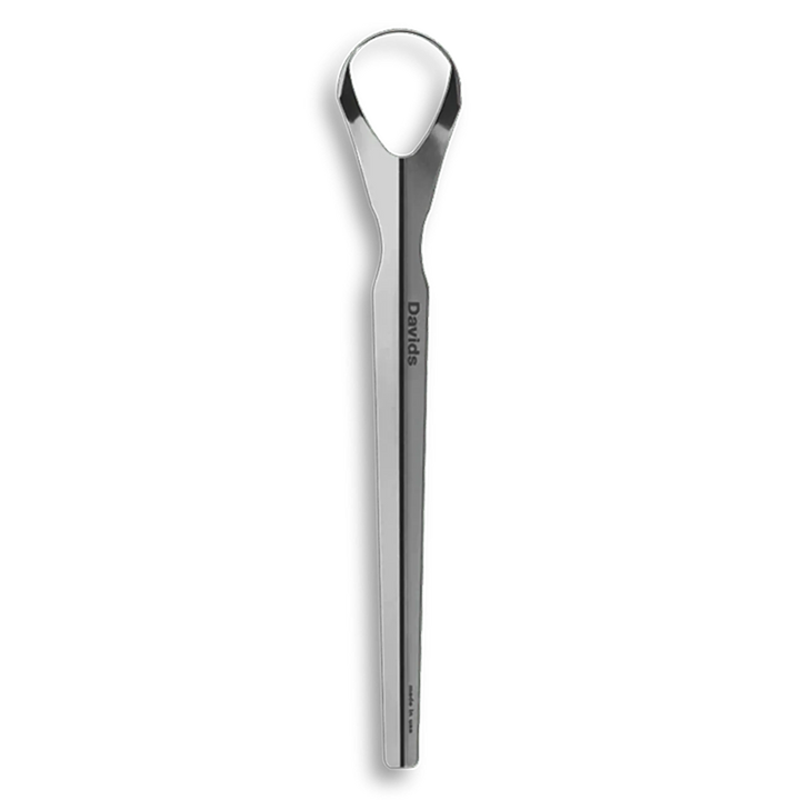 Davids professional medical-grade stainless steel tongue scraper, top-down product view