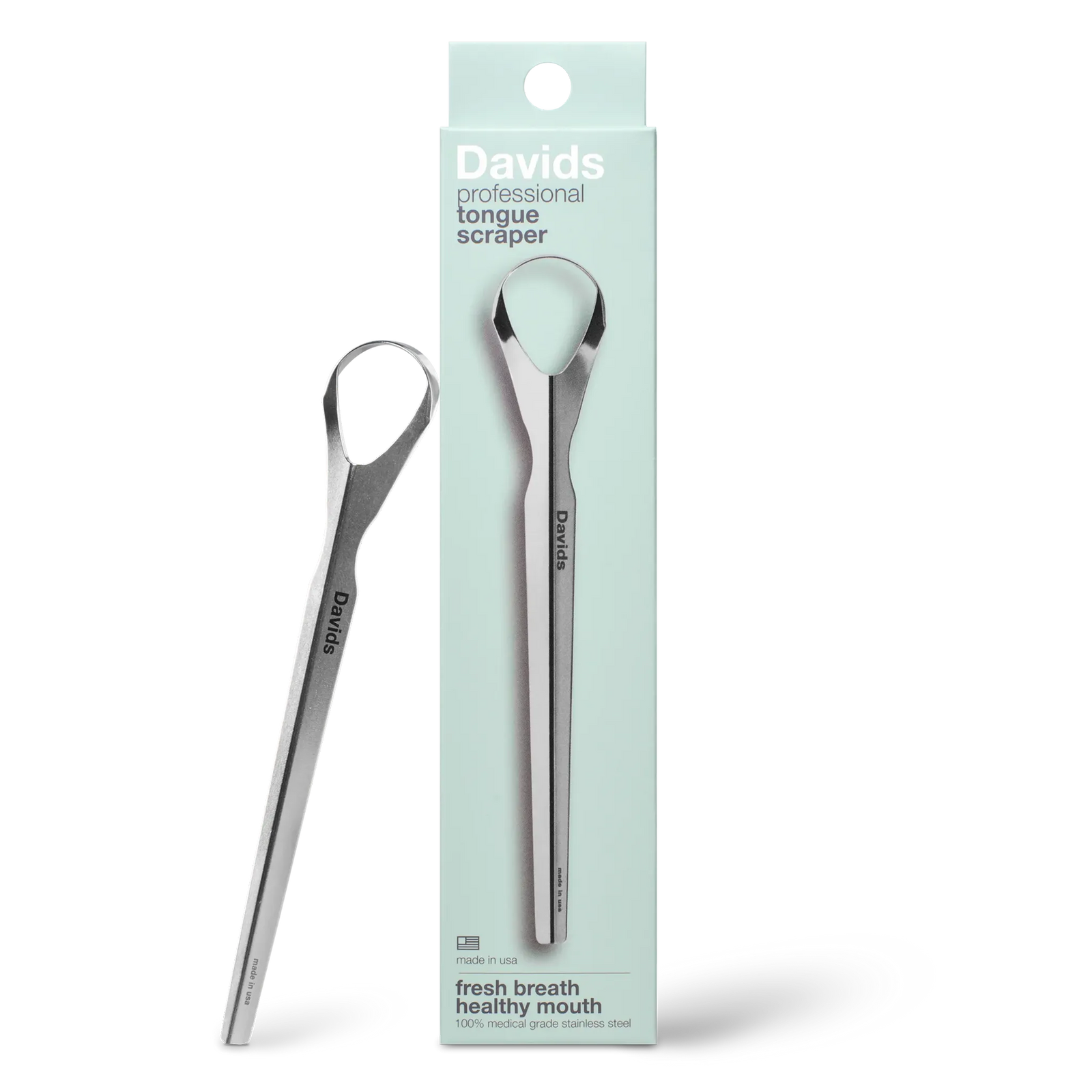 Davids professional tongue scraper in medical-grade stainless steel beside its retail box