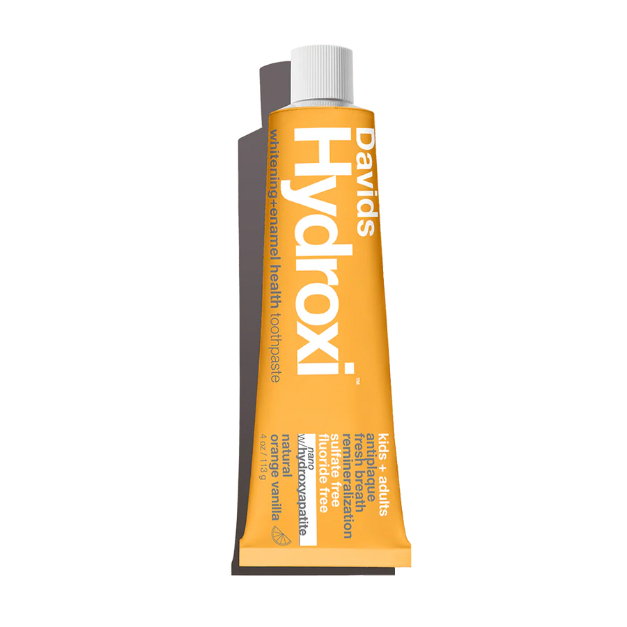 Tube of Davids Hydroxi toothpaste on a white background
