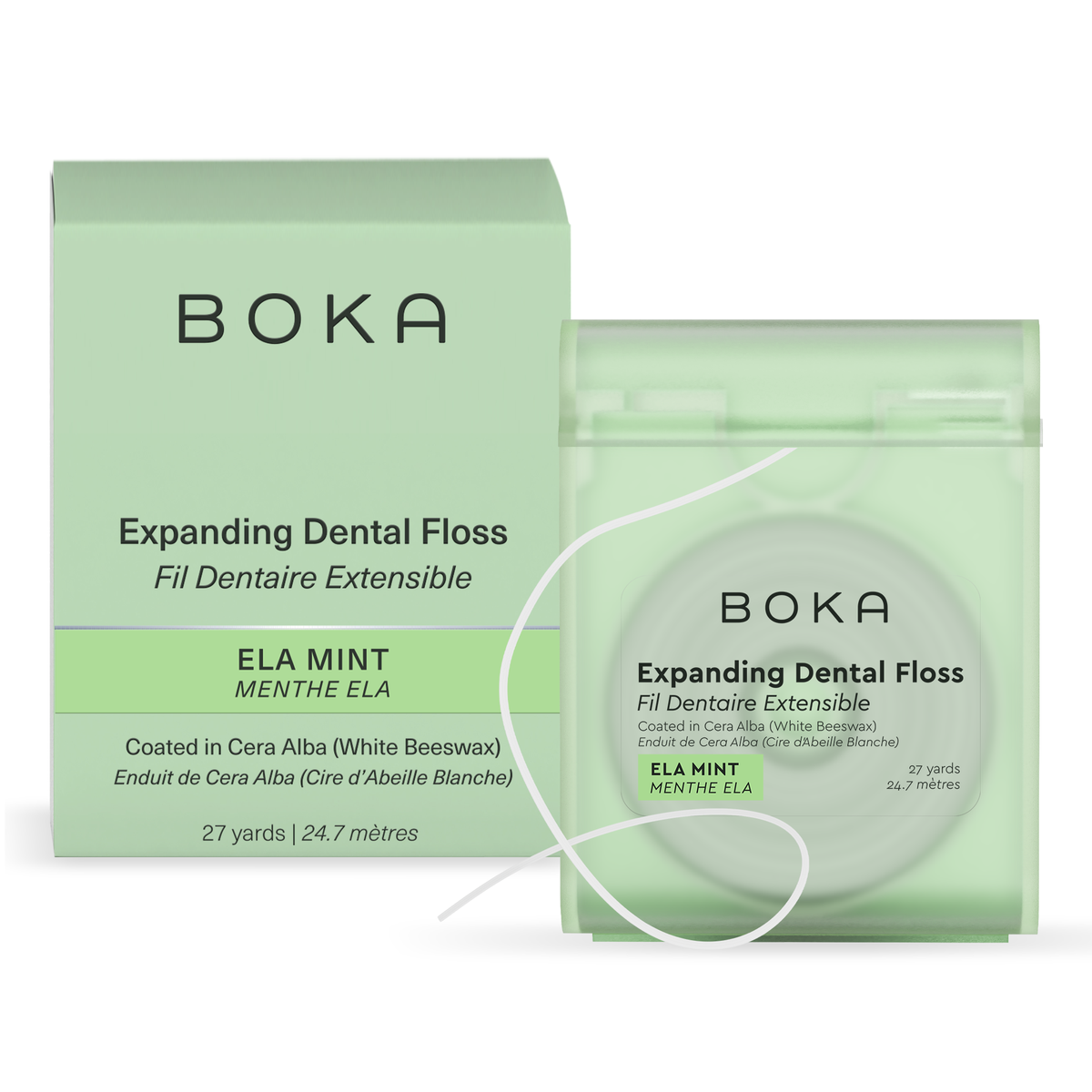Boka Expanding Dental Floss in Ela Mint, green box beside its translucent green dispenser, 27 yards coated in white beeswax