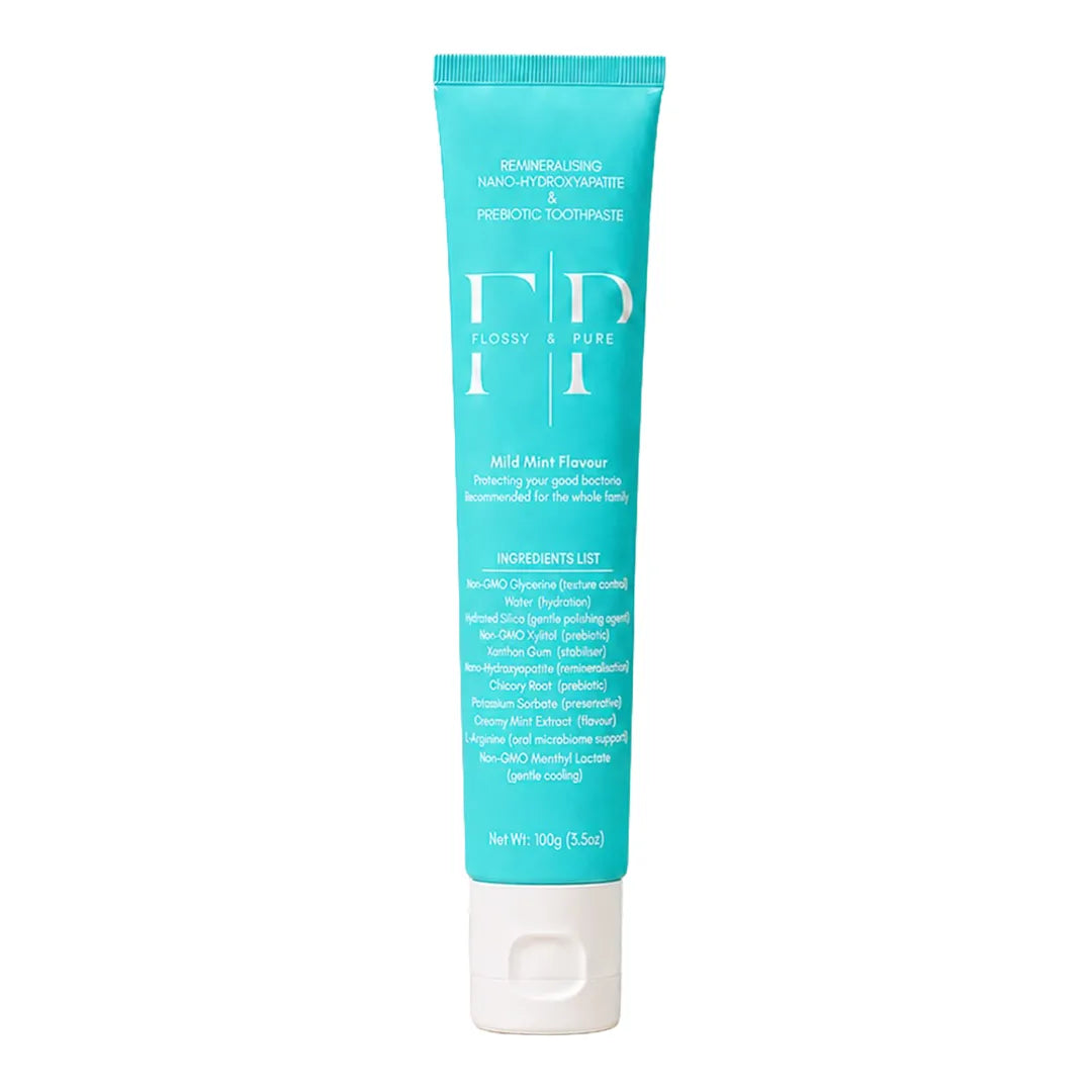 Flossy &amp; Pure Nano-Hydroxyapatite Toothpaste Mild Mint 100g tube, front view