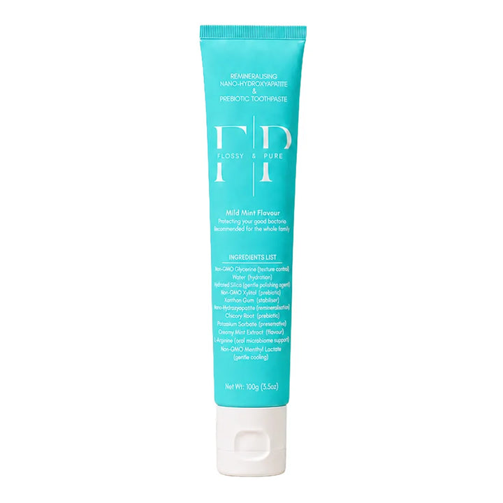 Flossy &amp; Pure Nano-Hydroxyapatite Toothpaste Mild Mint 100g tube, front view