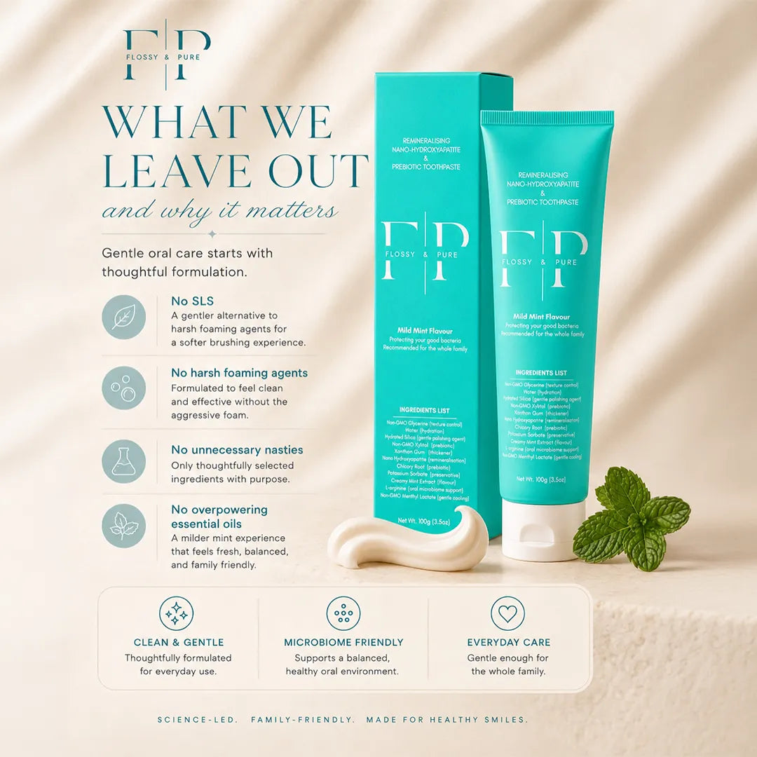 What Flossy &amp; Pure leaves out — no SLS, no harsh foaming agents, no unnecessary nasties, no overpowering essential oils