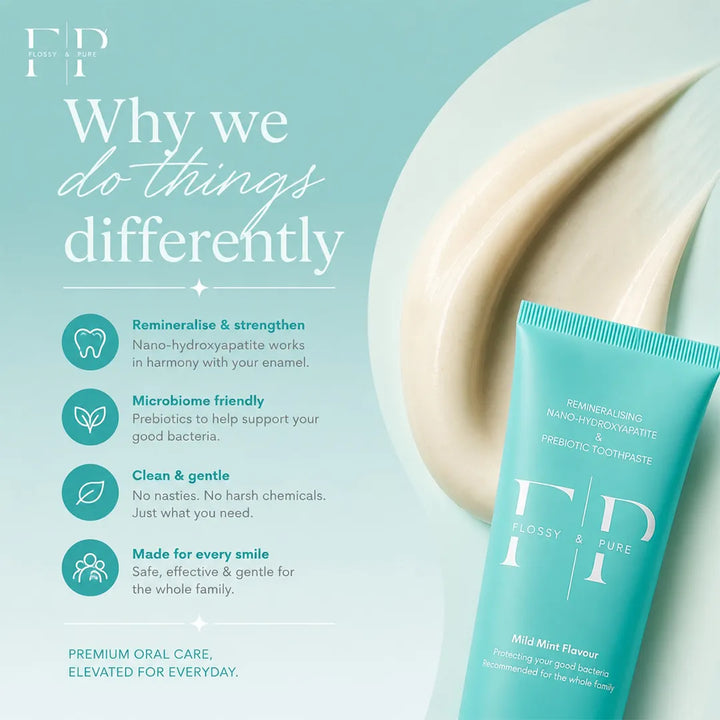 Flossy &amp; Pure benefits — remineralise and strengthen with nano-hydroxyapatite, microbiome-friendly prebiotics, gentle for the whole family