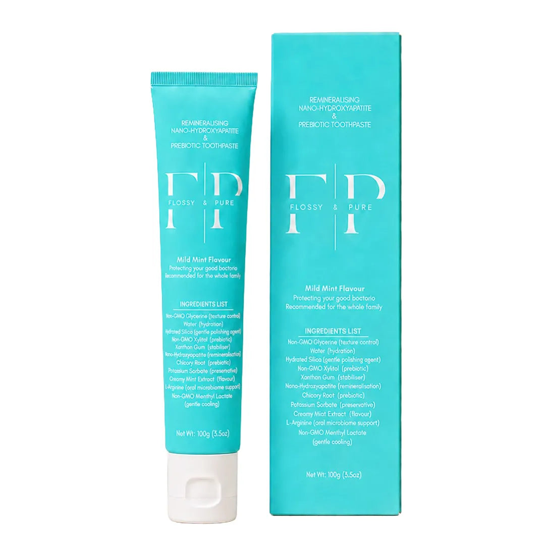 Flossy &amp; Pure Mild Mint nano-hydroxyapatite toothpaste tube and box packaging with ingredients list