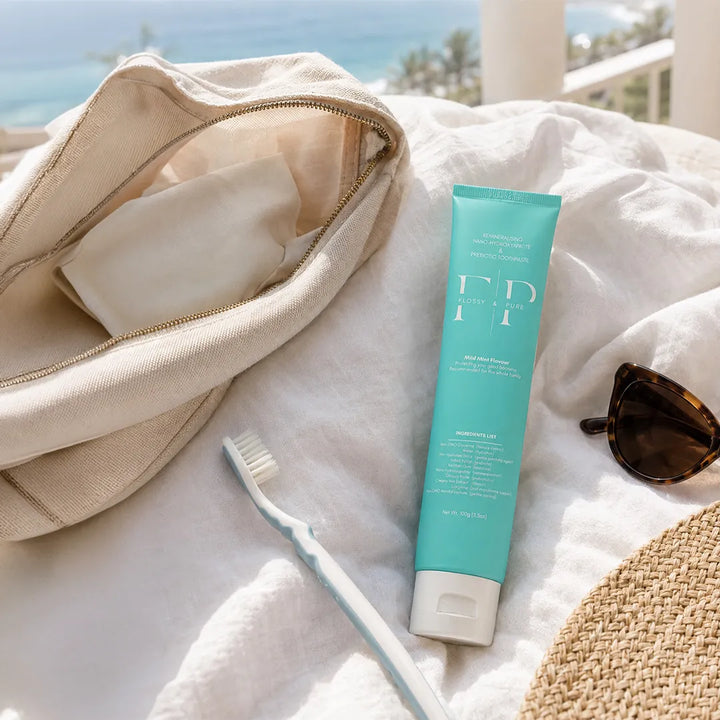 Flossy &amp; Pure Mild Mint toothpaste with toothbrush in a travel bag — Australian fluoride-free toothpaste