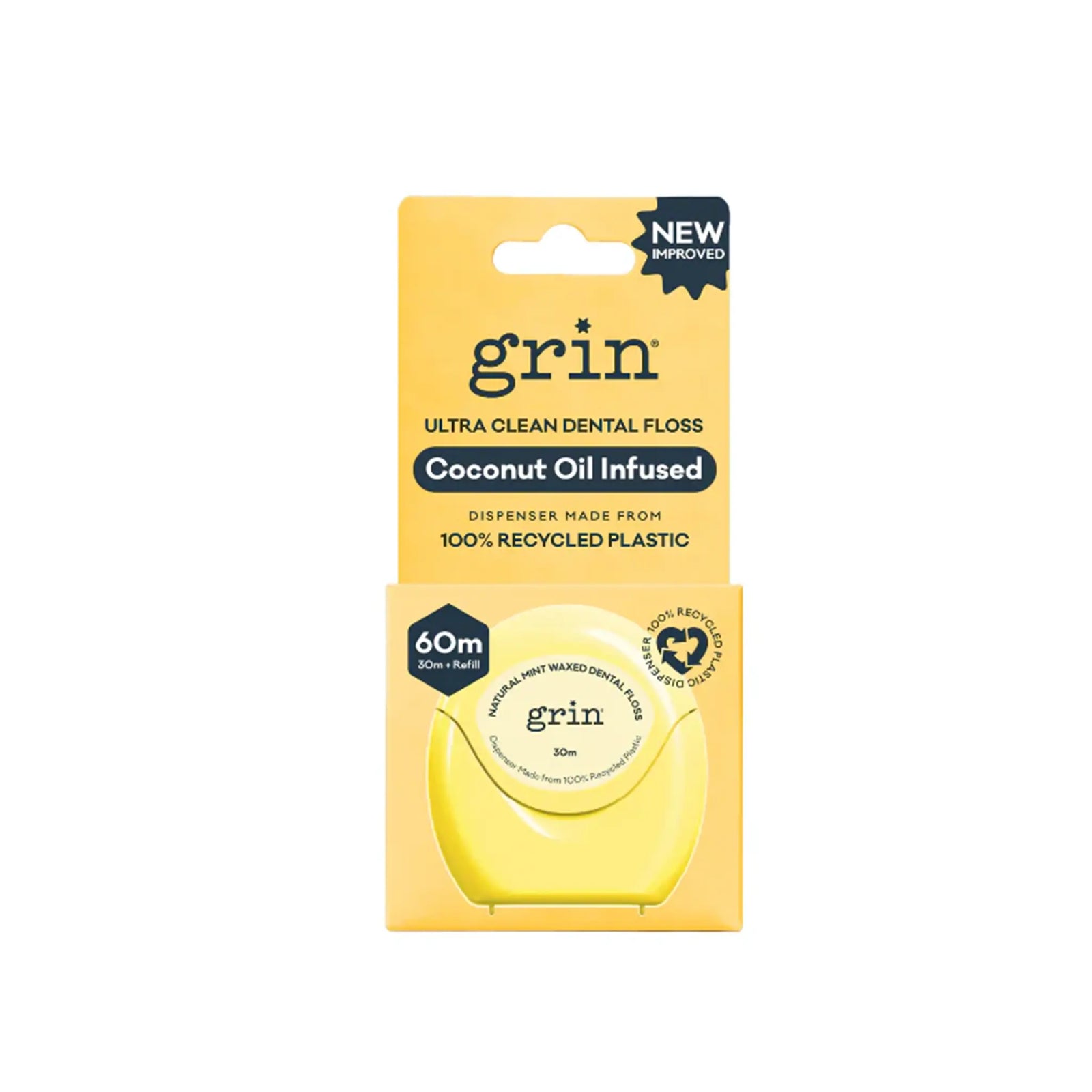 Packaged dental floss with 'grin' branding on a white background
