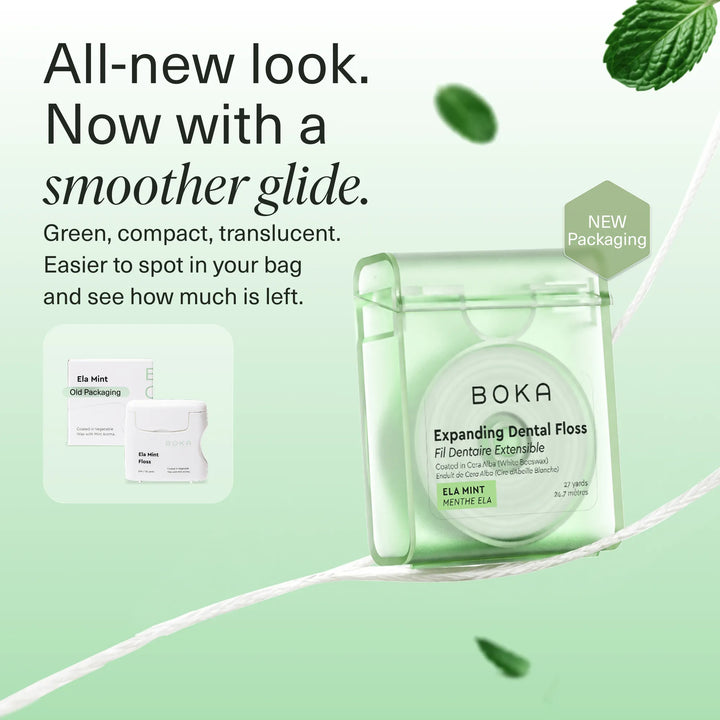 New translucent green Boka Ela Mint floss dispenser shown next to the old white packaging it replaces