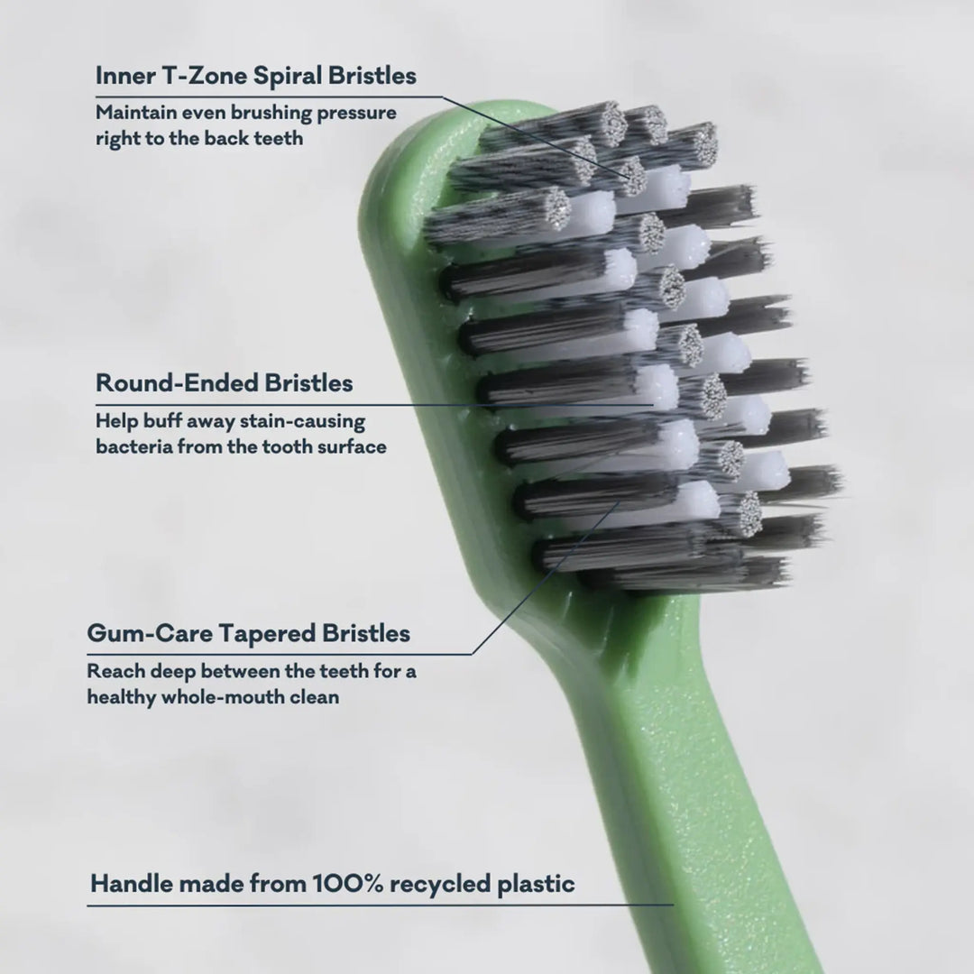 Green toothbrush with labeled bristle types on a white background