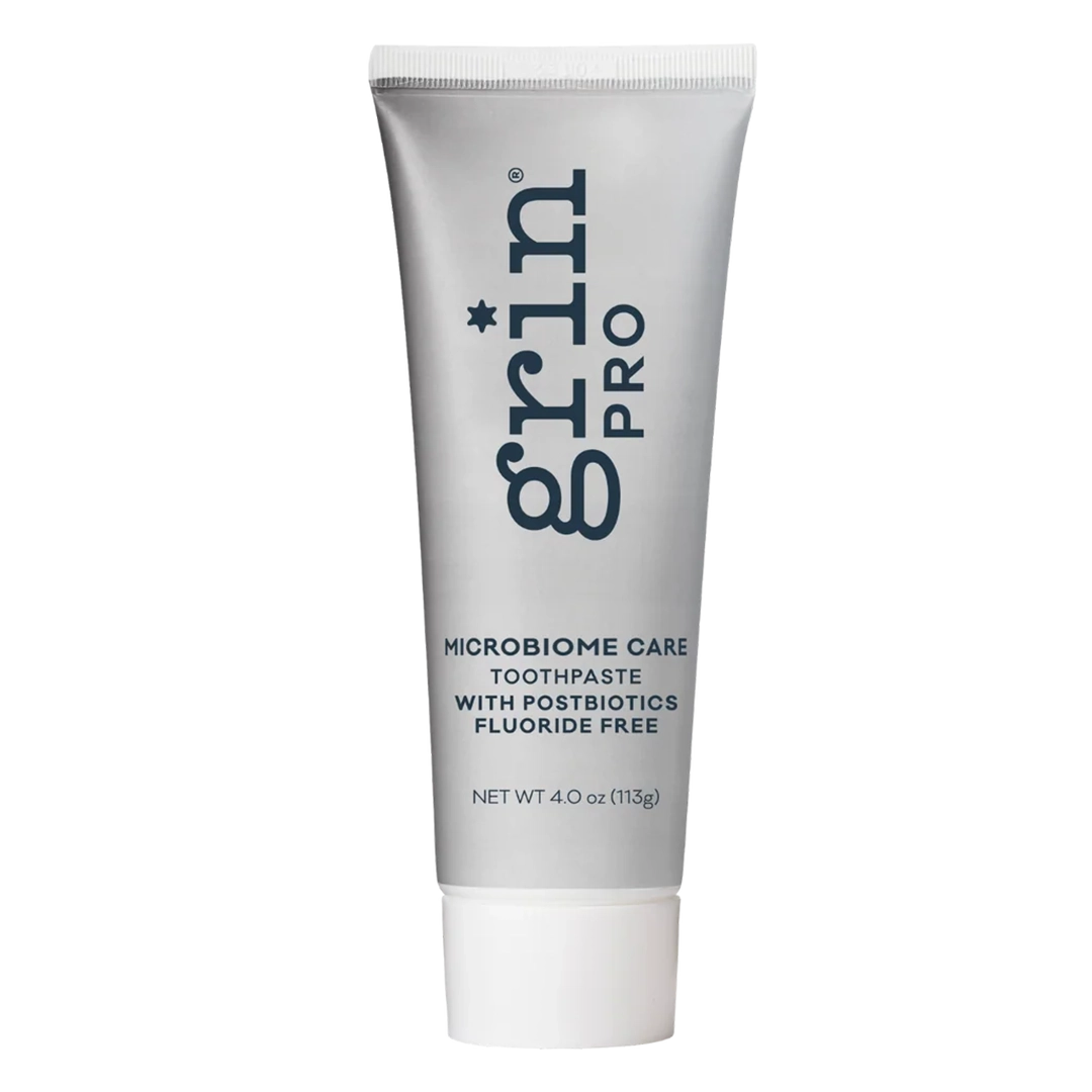 Grin Pro Microbiome Care toothpaste with postbiotics and micro-hydroxyapatite, fluoride free — front of tube, 113 g