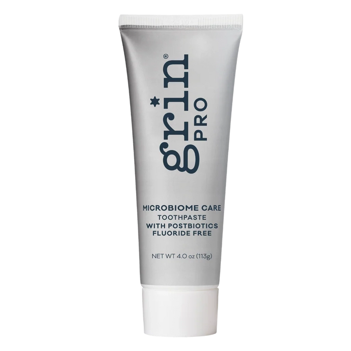 Grin Pro Microbiome Care toothpaste with postbiotics and micro-hydroxyapatite, fluoride free — front of tube, 113 g