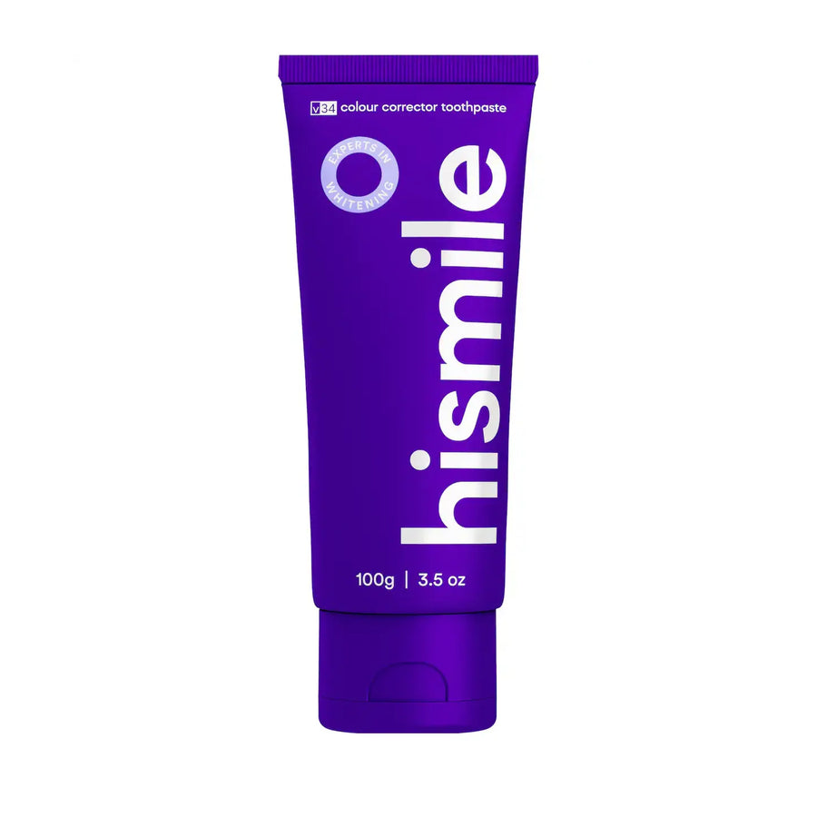 Purple tube of 'hismile' toothpaste on a white background