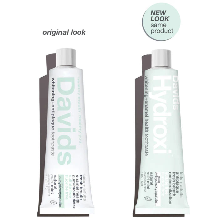 Two tubes of David's toothpaste with a 'New Look Same Product' label on a white background.