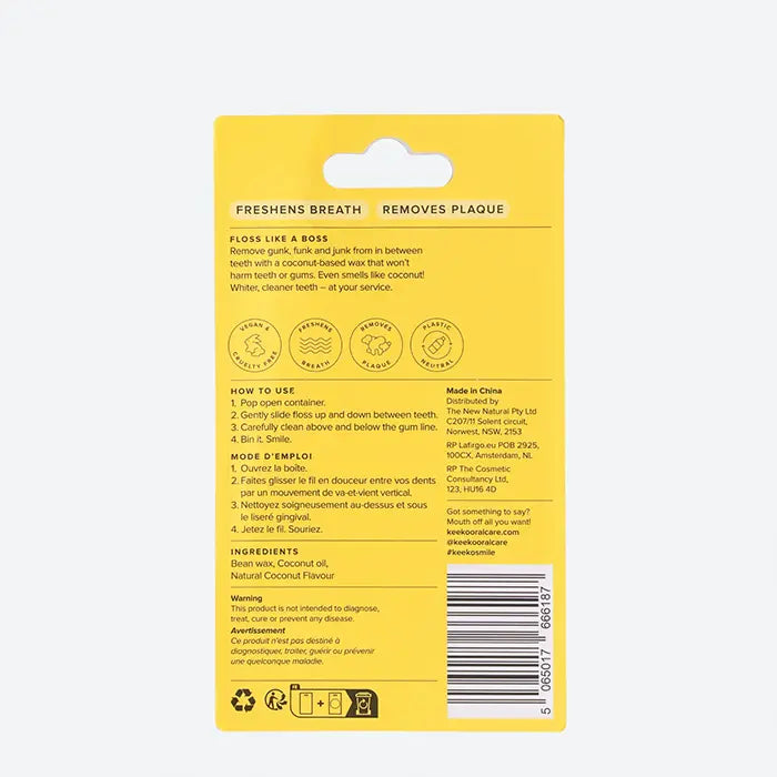 Yellow packaging with text and icons on a white background