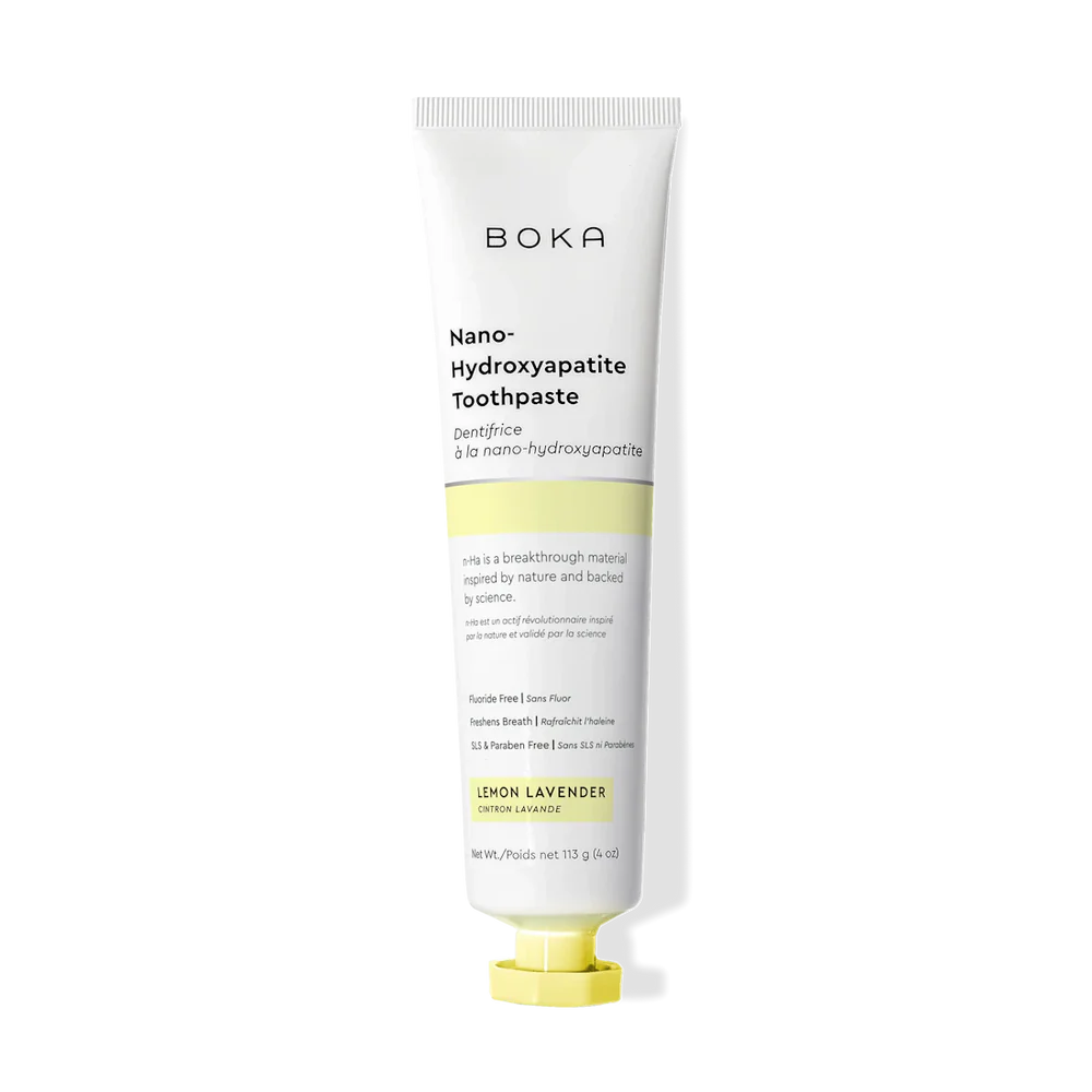 Boka Lemon Lavender nano-hydroxyapatite toothpaste 113g tube with a yellow cap on a plain white background