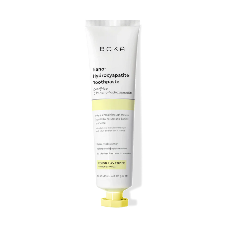 Boka Lemon Lavender nano-hydroxyapatite toothpaste 113g tube with a yellow cap on a plain white background