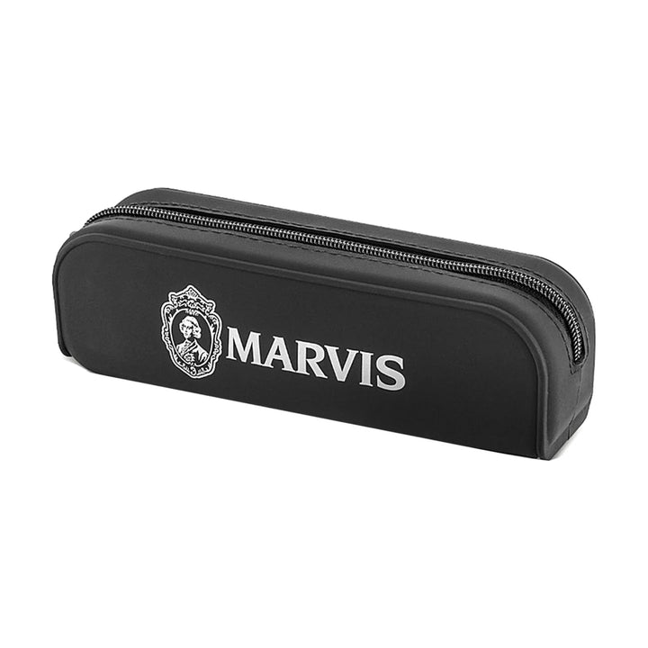 Black silicone Marvis toiletry bag with a metal zip and silver Marvis logo, sold empty, on a white background