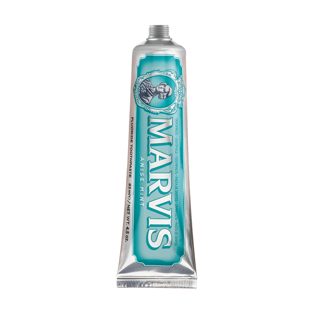Silver Marvis Anise Mint toothpaste tube with an aqua label and the Marquis cameo portrait near the nozzle