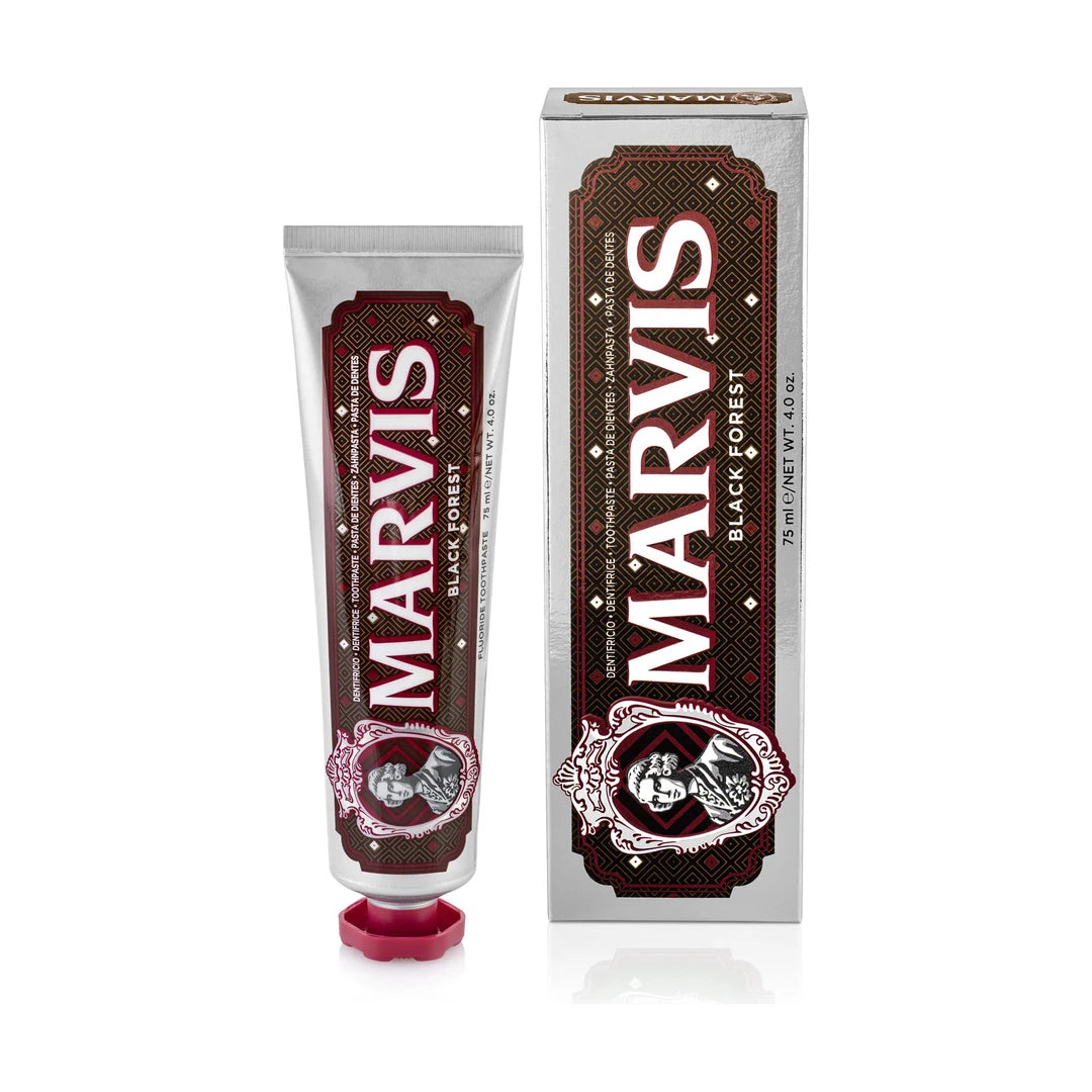 Marvis Black Forest toothpaste 75ml silver tube with a chocolate brown and red patterned label and crimson cap, beside its carton