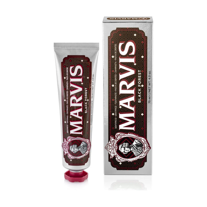 Marvis Black Forest toothpaste 75ml silver tube with a chocolate brown and red patterned label and crimson cap, beside its carton